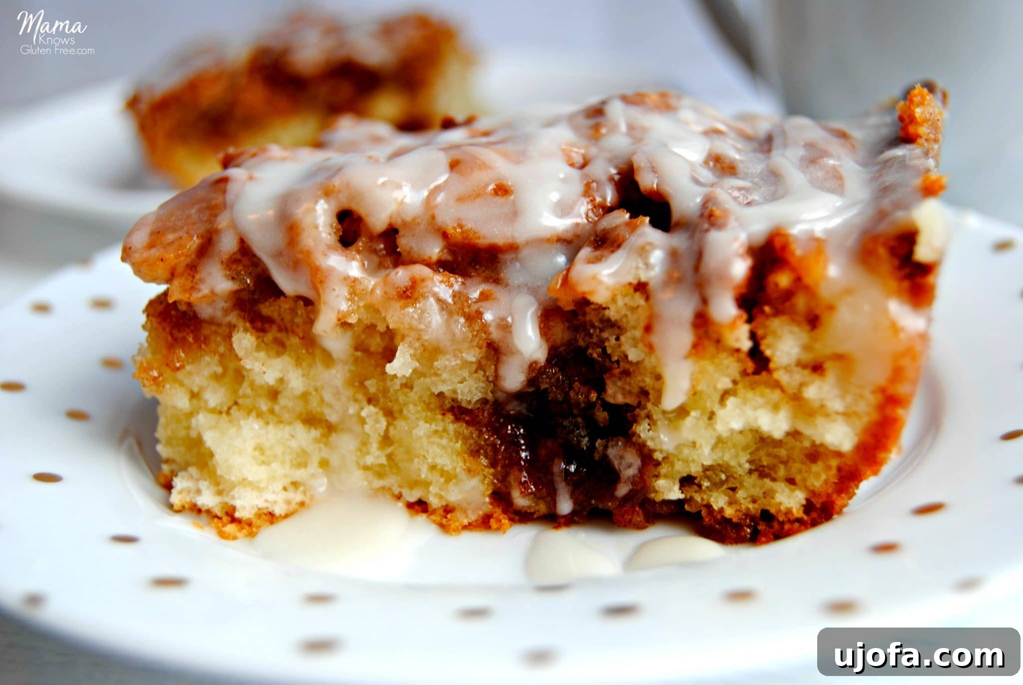 two slices of gluten-Free cinnamon roll cake on white plates with a white coffee cup. 