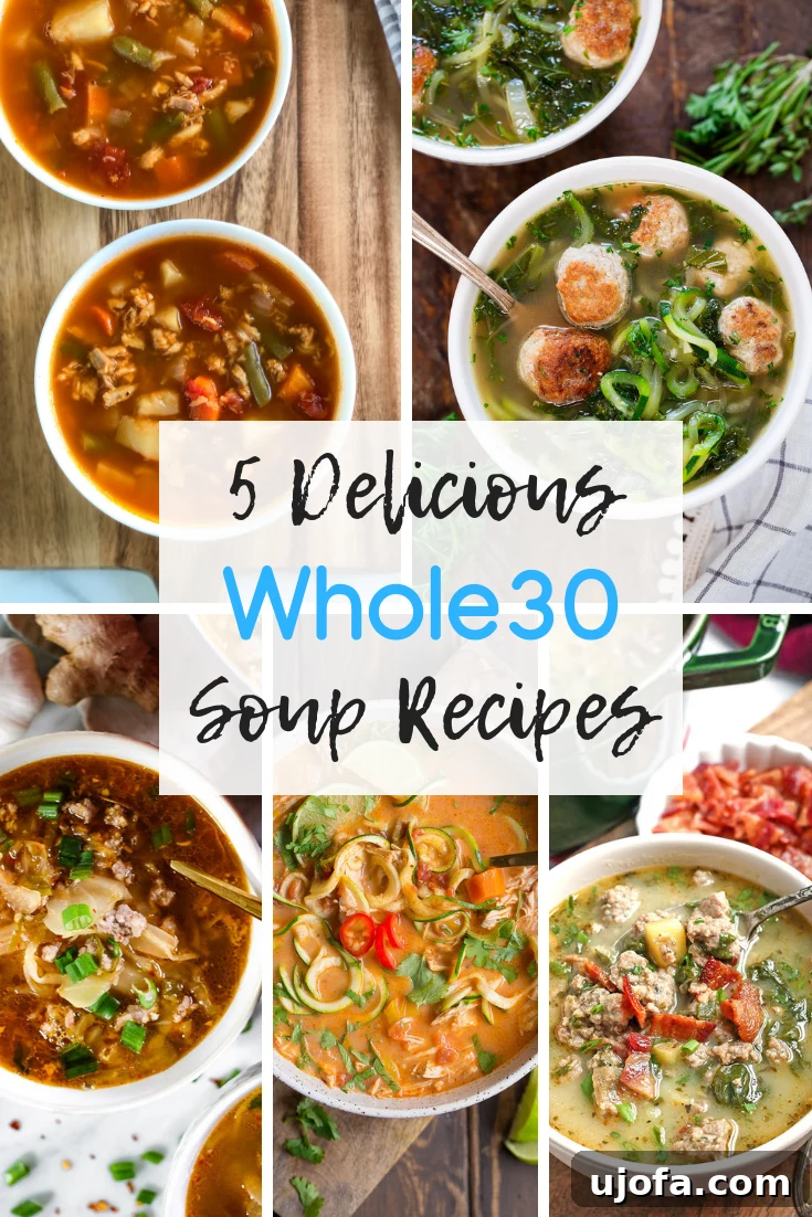 Assortment of five different Whole30 compliant soup recipes, including Maryland Crab Soup, Kimchi Soup, Turkey Meatball Zoodle Soup, Zuppa Toscana, and Thai Chicken Zoodle Soup, served in cozy bowls.