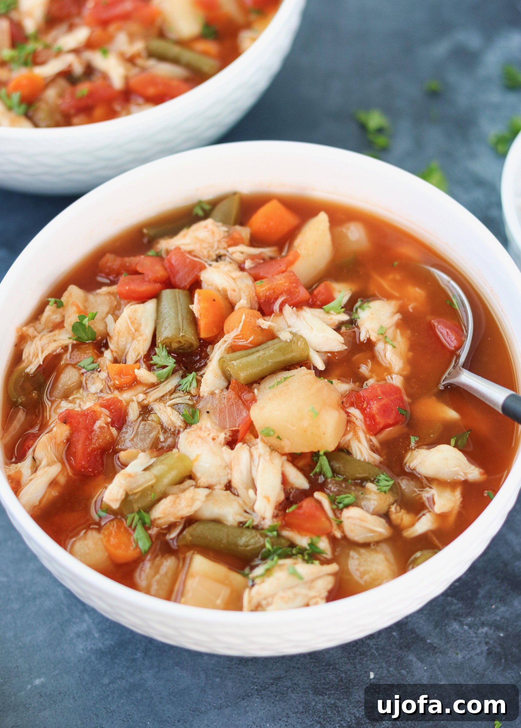 Close-up of a rustic bowl of Whole30 Maryland Crab Soup, showing vibrant diced vegetables, chunks of crab, and a savory broth.