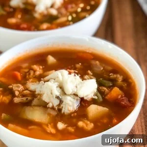 A bowl of Whole30 Maryland Crab Soup with a spoon.