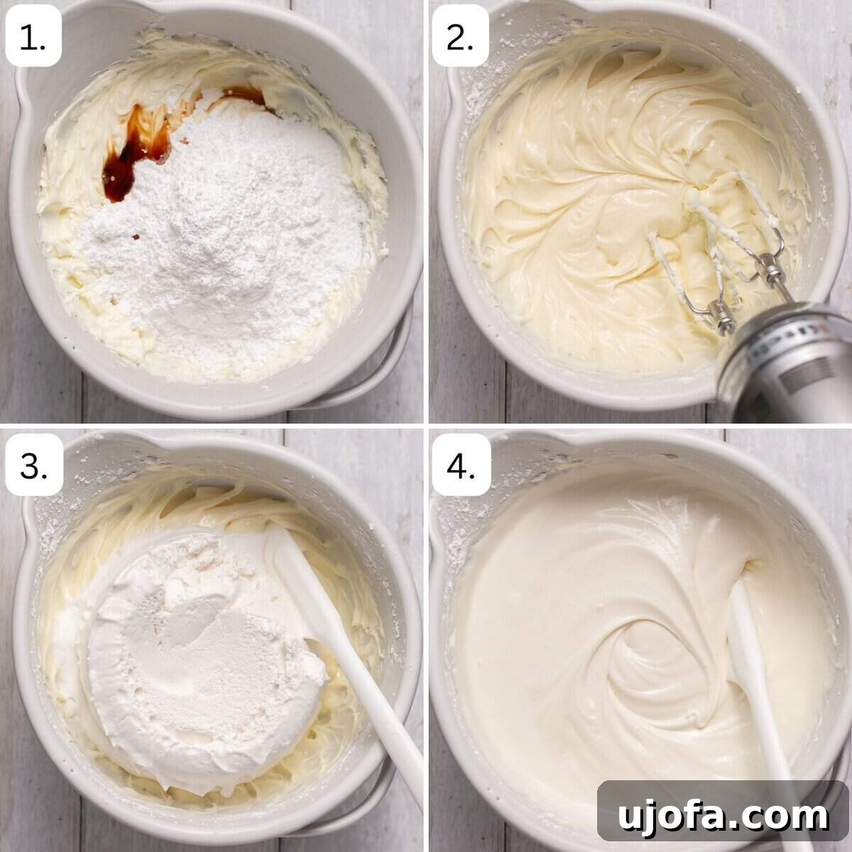 Dairy-free cream cheese filling being prepared in a large mixing bowl with an electric mixer, showcasing its developing fluffy and soft texture