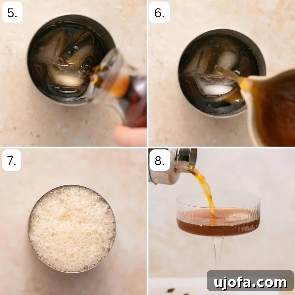 Espresso Martini Perfection Made with Kahlúa 5 The final steps for making an espresso martini, including shaking, pouring into a glass, and garnishing with coffee beans.