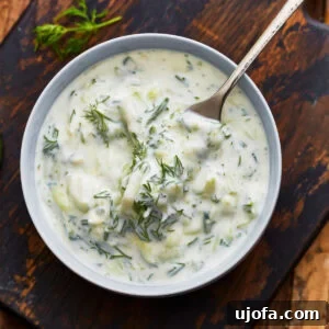 A close-up of a fork taking a scoop of creamy dairy-free tzatziki from a bowl, garnished with dill.