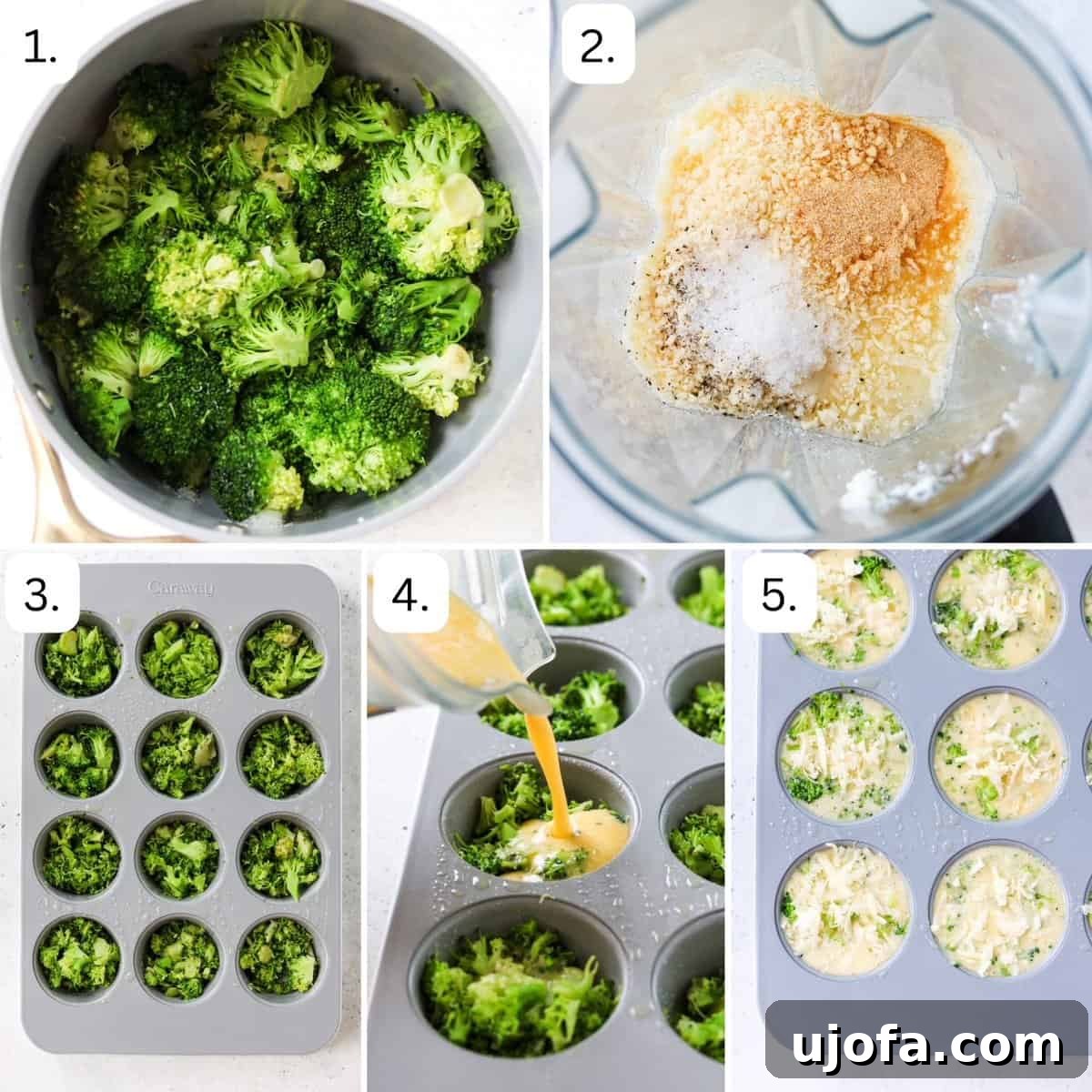 Keto Cheesy Broccoli Egg Muffins 4 A collage of images showing the step-by-step process of how to make broccoli cheese keto egg bites in a muffin tin
