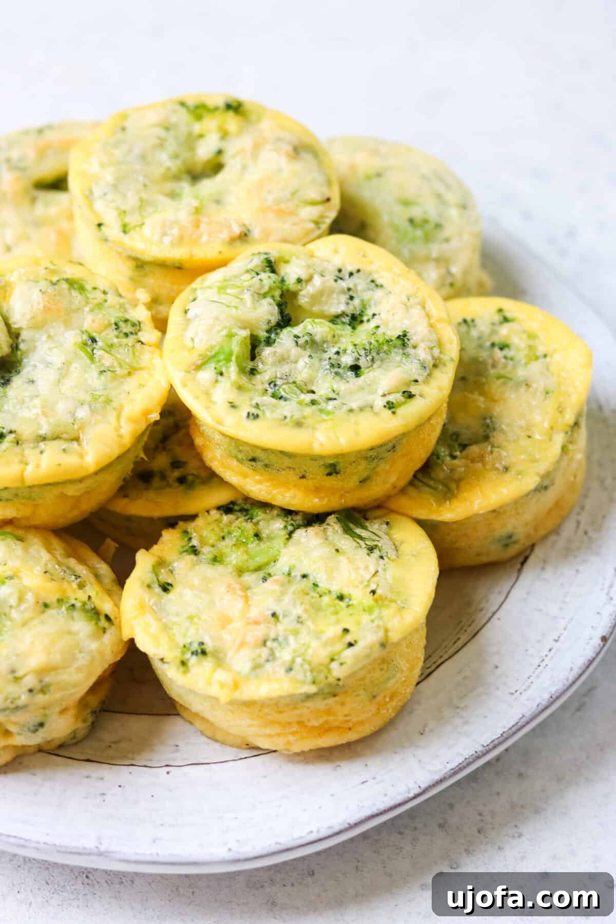 Keto Cheesy Broccoli Egg Muffins 6 A close-up of two broccoli cheddar keto egg bites on a plate, highlighting their texture and cheesy topping