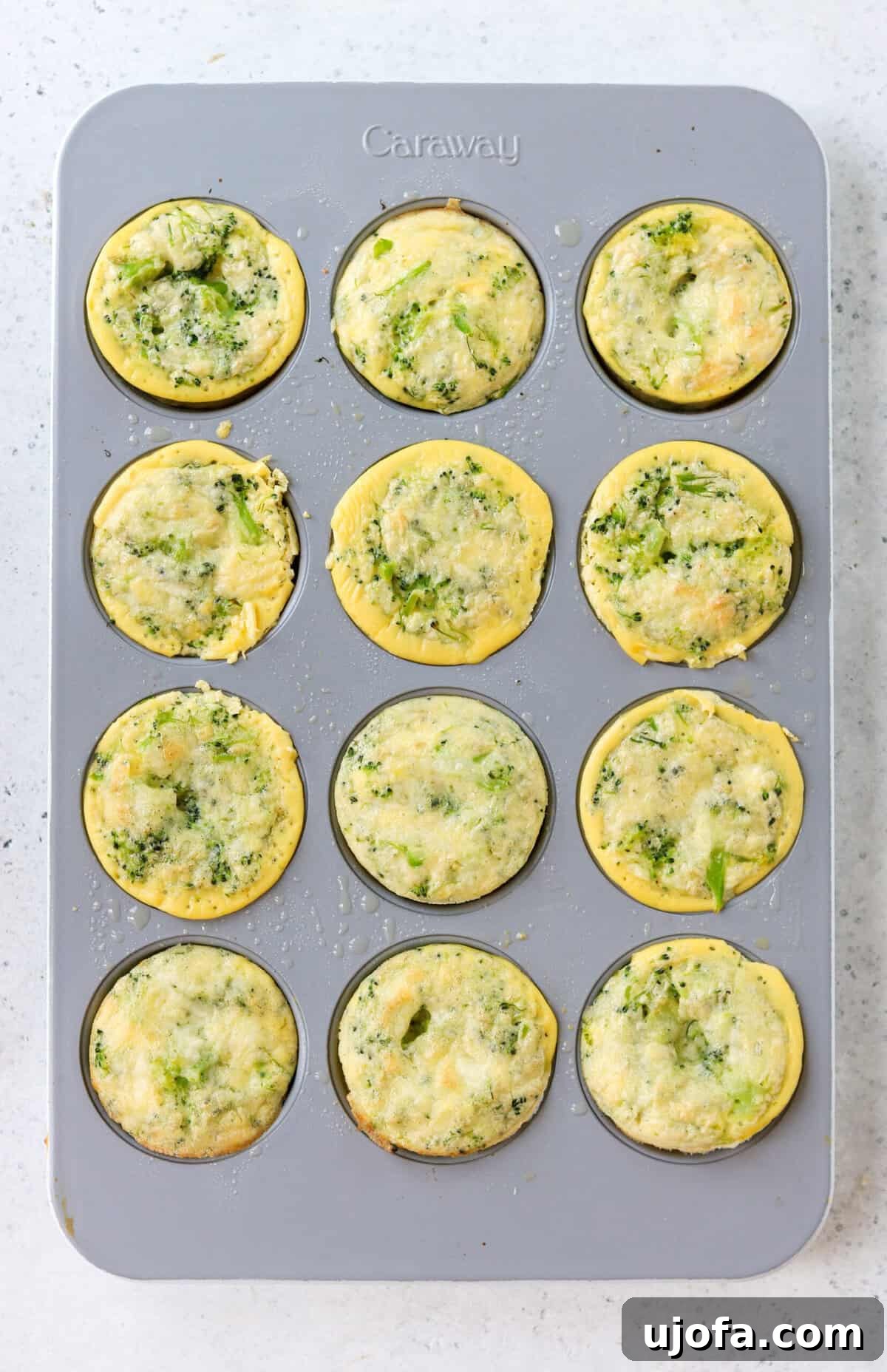 Keto Cheesy Broccoli Egg Muffins 7 Overhead shot of freshly baked broccoli cheddar keto egg bites cooling in a muffin pan