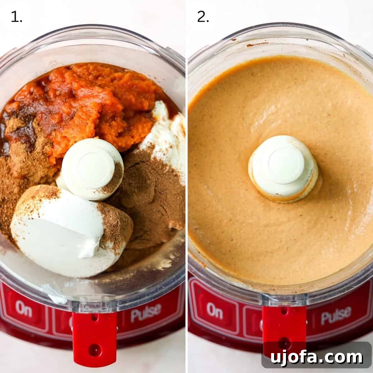 A sequence of images showing the step-by-step process of making pumpkin cream cheese dip, from combining ingredients in a food processor to blending into a smooth, creamy texture.