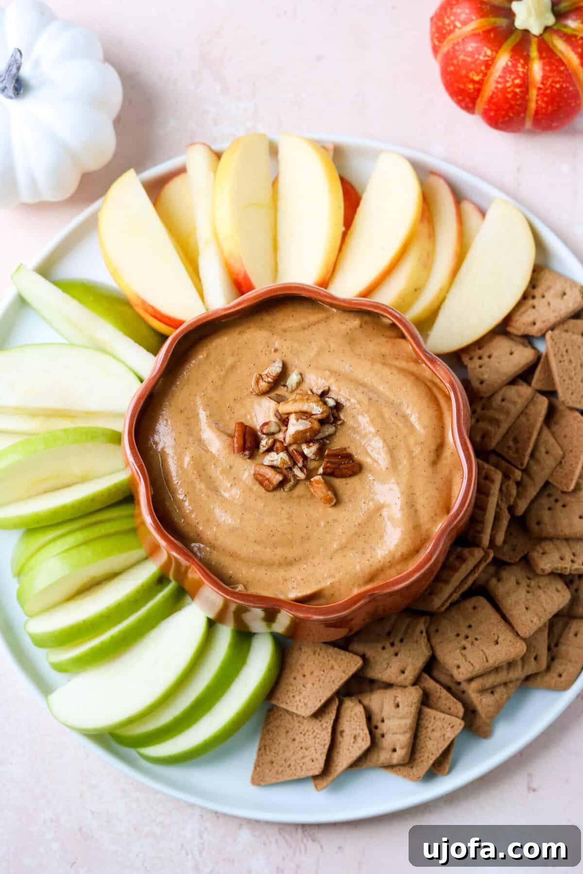 A beautifully presented pumpkin dip in a ceramic pumpkin-shaped dish, placed on a white plate and surrounded by an inviting arrangement of apple slices and gluten-free graham crackers, ready for serving.