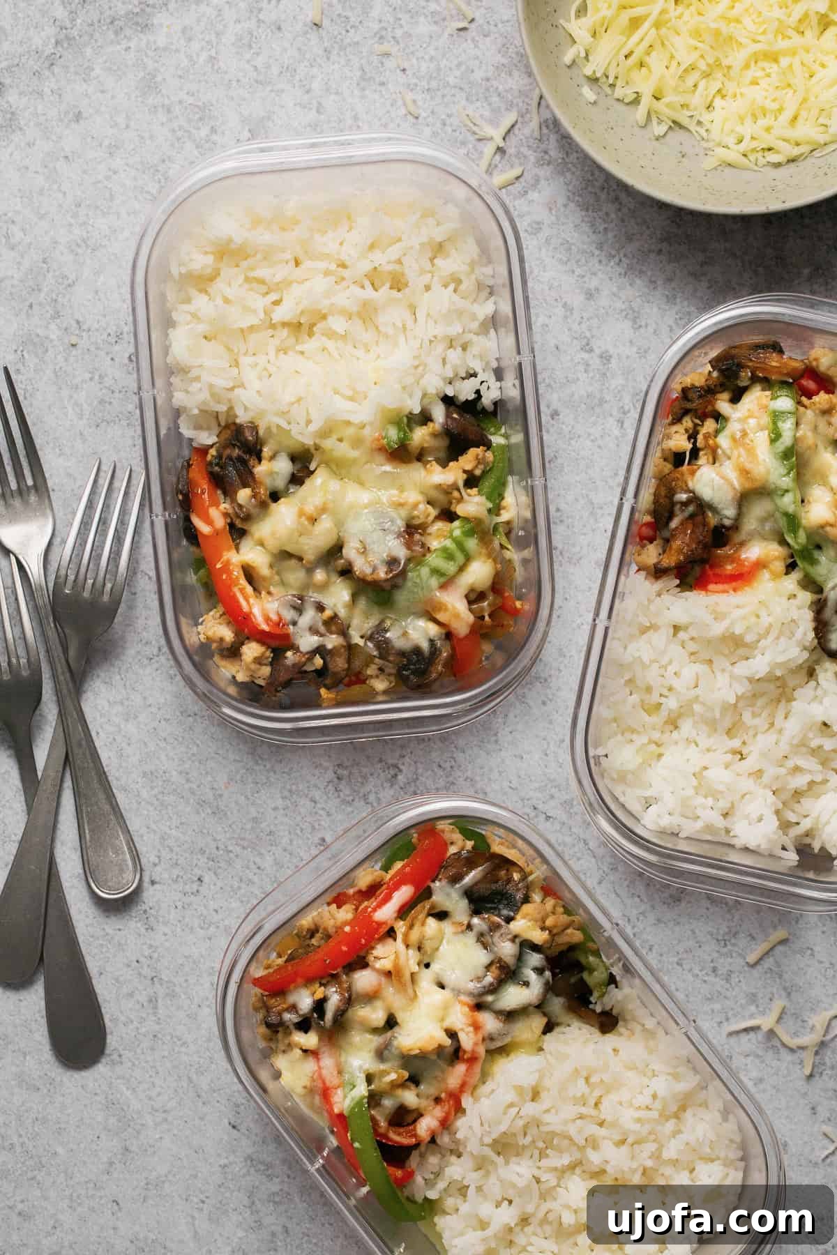 Chicken Philly Cheesesteak meal prep bowls in glass containers ready for the week