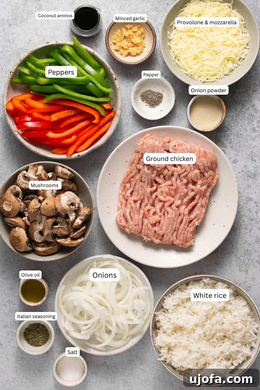 Ingredients for making chicken philly cheesesteak meal prep containers displayed on a counter