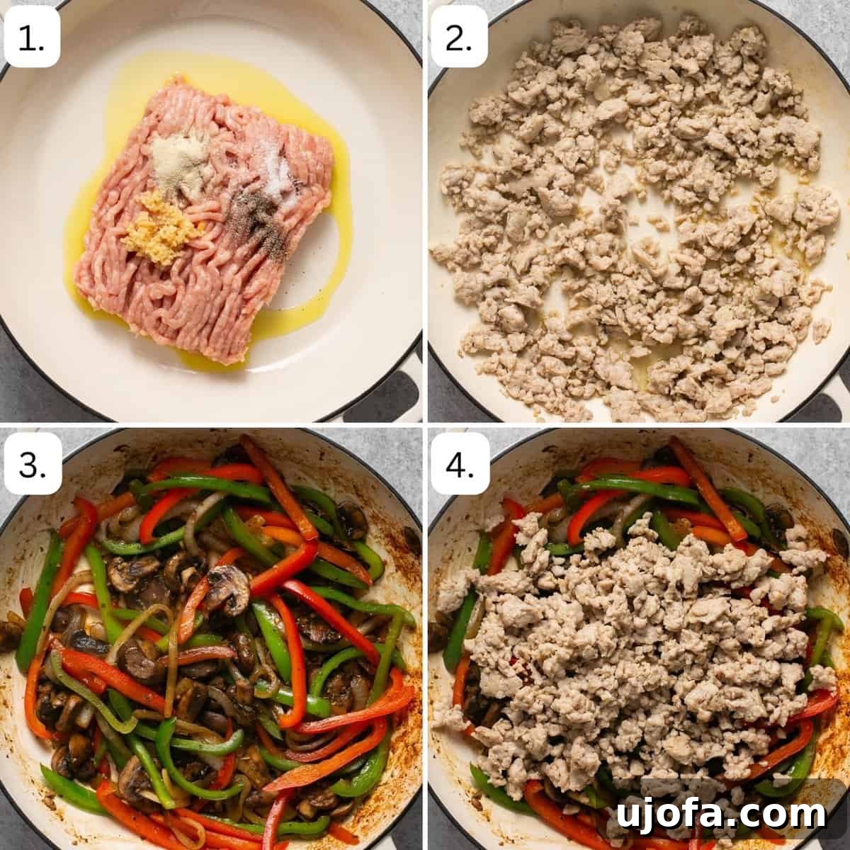 Steps for how to make chicken philly cheesesteak in a skillet, showing ingredients cooking