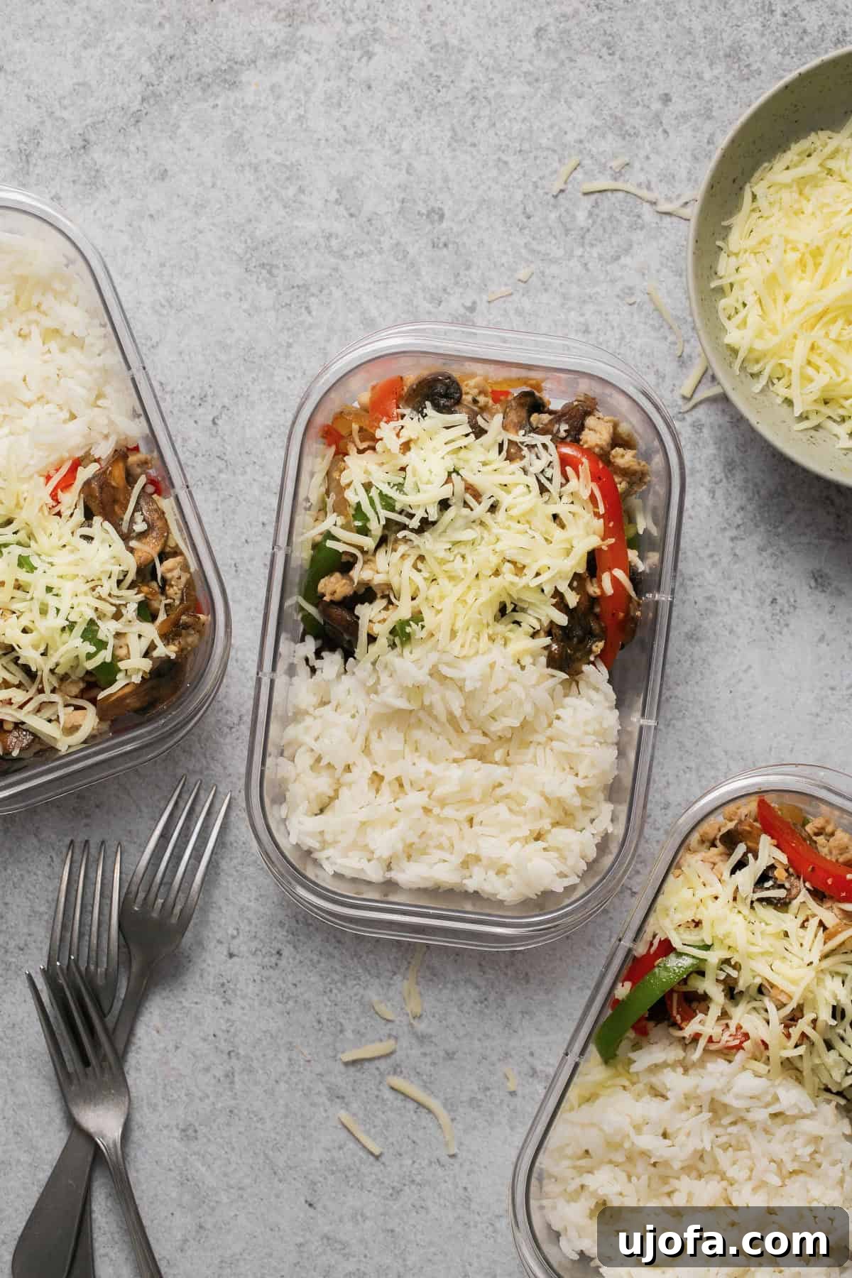 Chicken Philly Cheesesteak meal prep bowls ready to eat or store