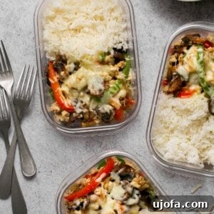chicken philly cheesteak meal prep bowls in glass containers
