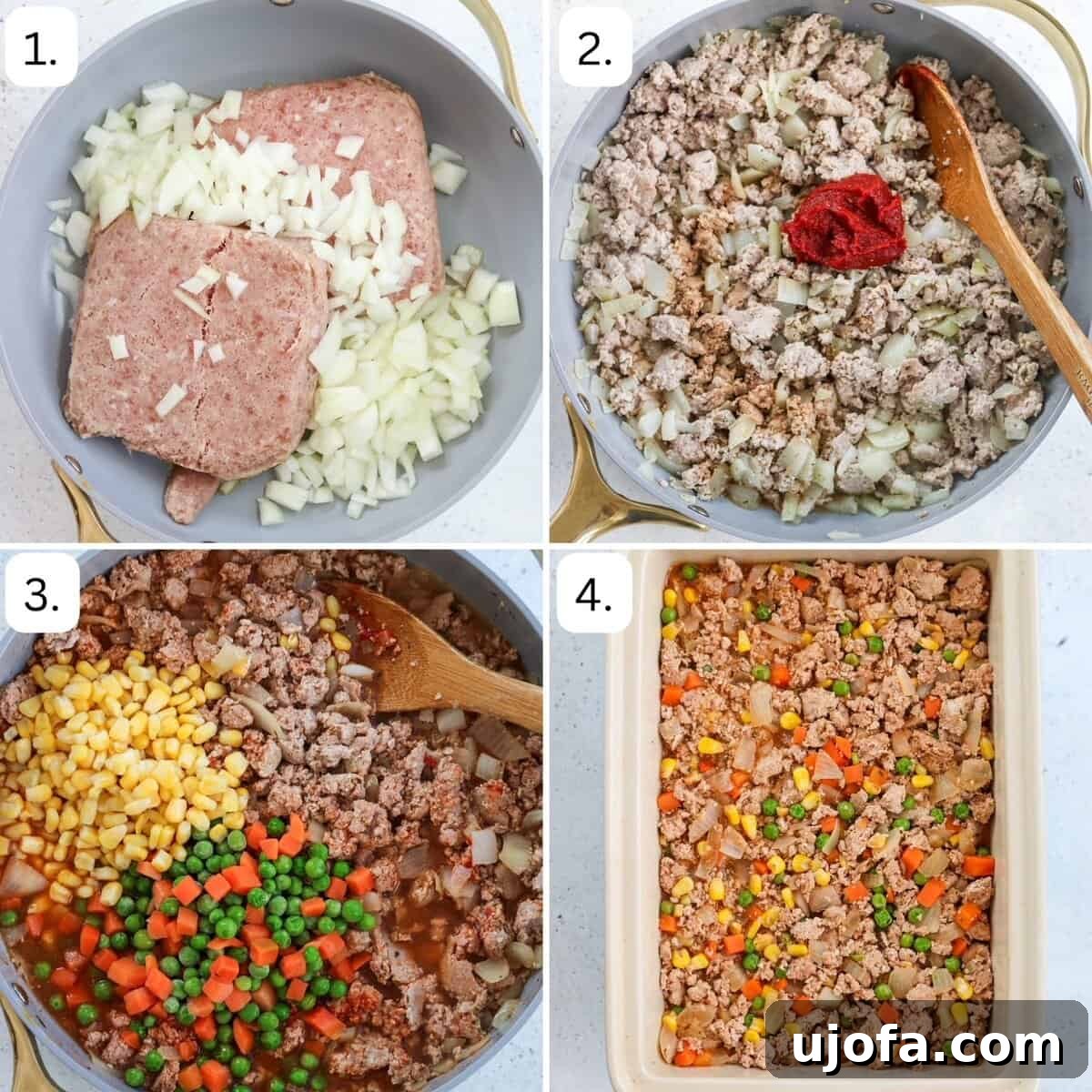 Savory Turkey Shepherd's Bake 4 steps for making turkey shepherd's pie in four quadrants