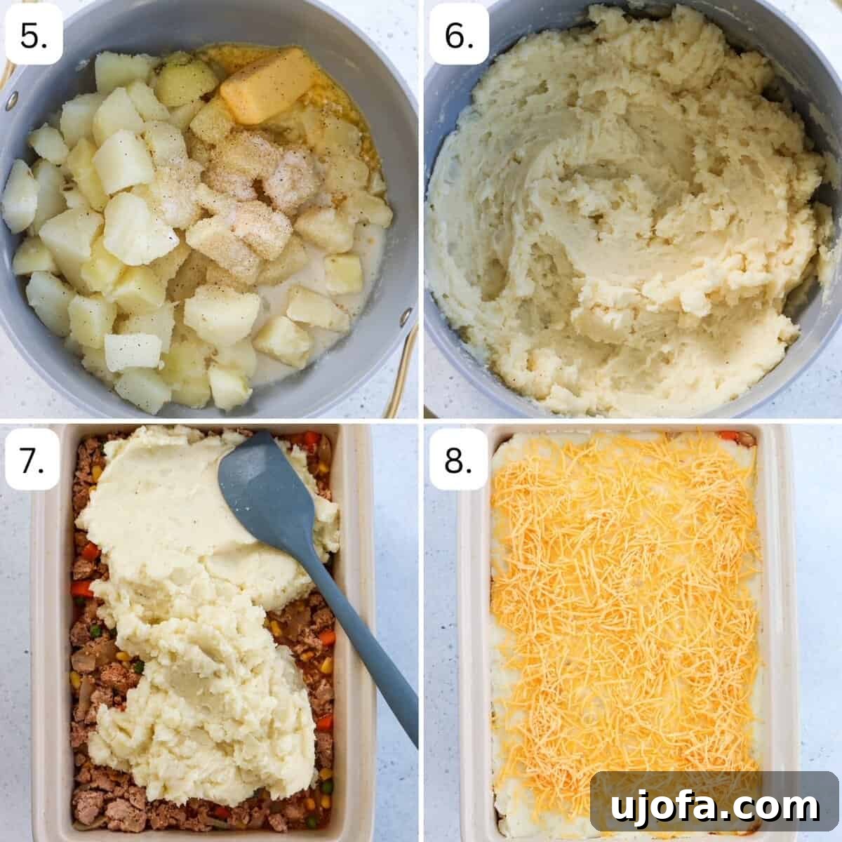 Savory Turkey Shepherd's Bake 5 steps for making shepherd's pie in 4 quadrants