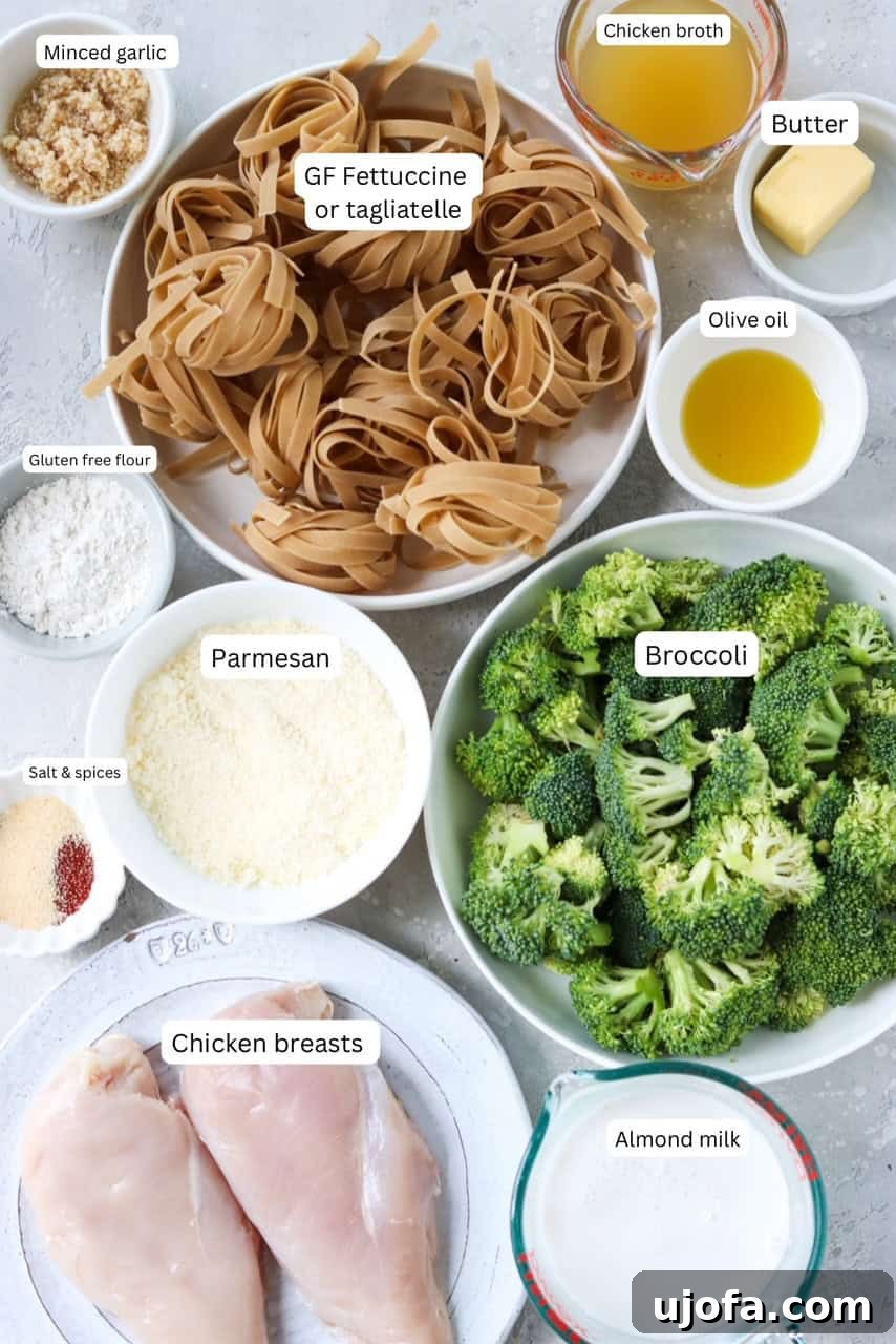 Ingredients for making gluten free chicken broccoli alfredo sauce without cream spread out in nesting bowls