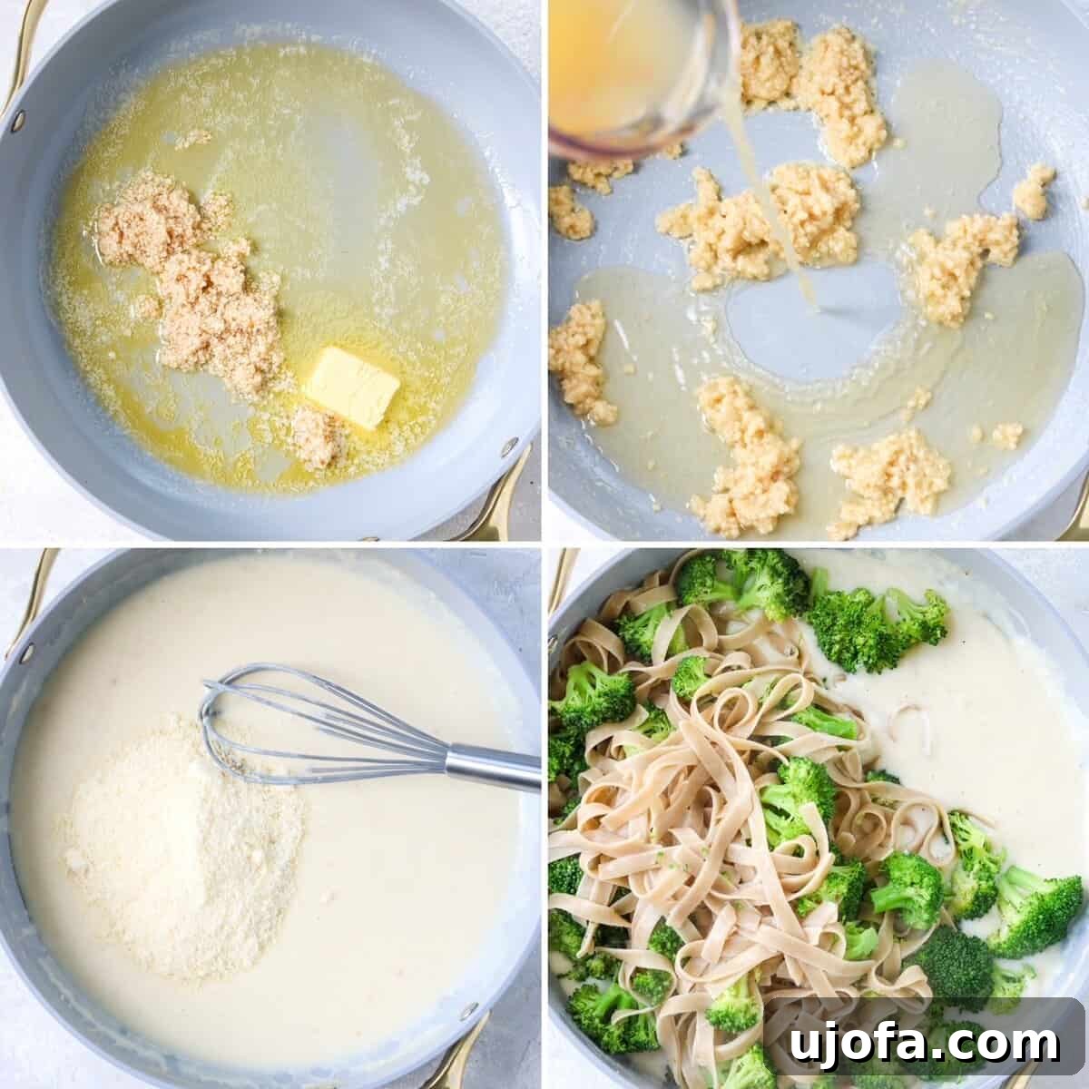 Steps for making alfredo sauce without cream with gluten free pasta and broccoli