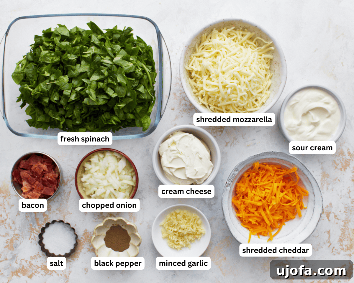 Velvety Warm Spinach Indulgence 3 ingredients prepped and measured for hot spinach dip