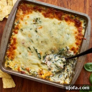 overhead shot of a spoon dipped into a tin square baking dish with hot spinach dip topped with mozzarella cheese on a wooden surface