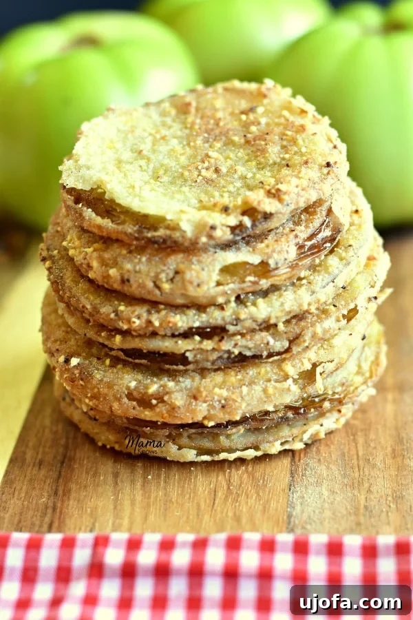 4 gluten-free fried green tomatoes stacked on top of each other with green tomatoes in the background