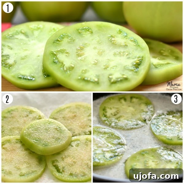 gluten-free fried green tomatoes recipe steps 1-3 photo collage