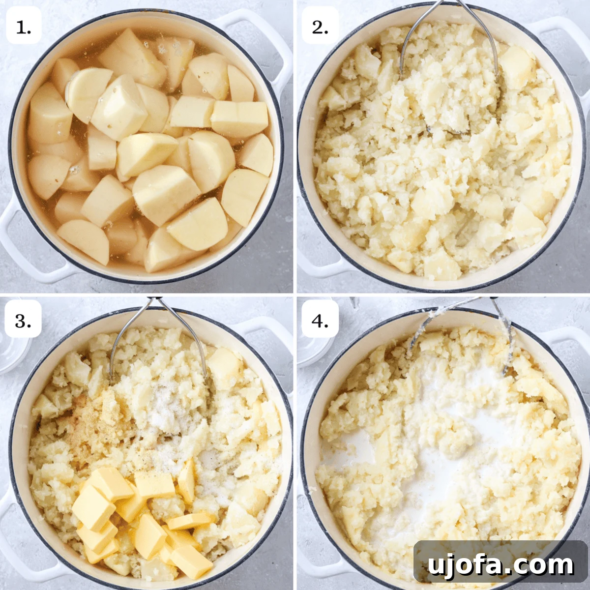 Divine Gluten-Free Mashed Potatoes 4 A four-quadrant image showing the process of making mashed potatoes: boiling potatoes, mashing, adding butter and seasonings, and adding half & half