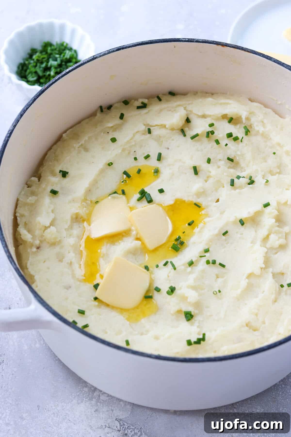 Divine Gluten-Free Mashed Potatoes 6 A close-up side view of gluten-free mashed potatoes in a large pot, topped with fresh chives and a pat of melting butter, ready to be served