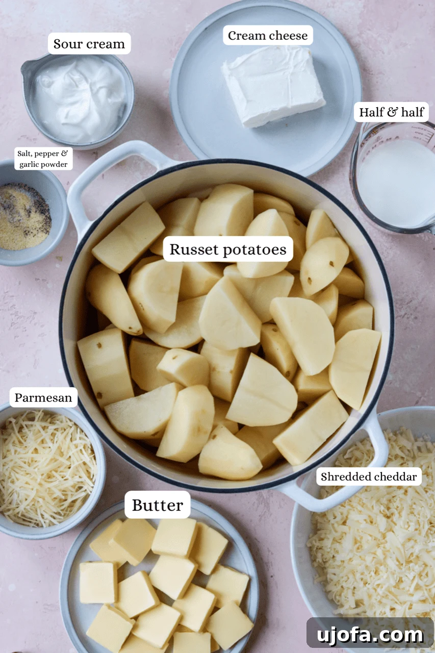 Seriously Cheesy Mash 3 A selection of fresh ingredients laid out on a kitchen counter, including russet potatoes, blocks of cheddar and cream cheese, sour cream, half & half, butter, garlic powder, salt, and pepper, ready for making cheesy mashed potatoes.