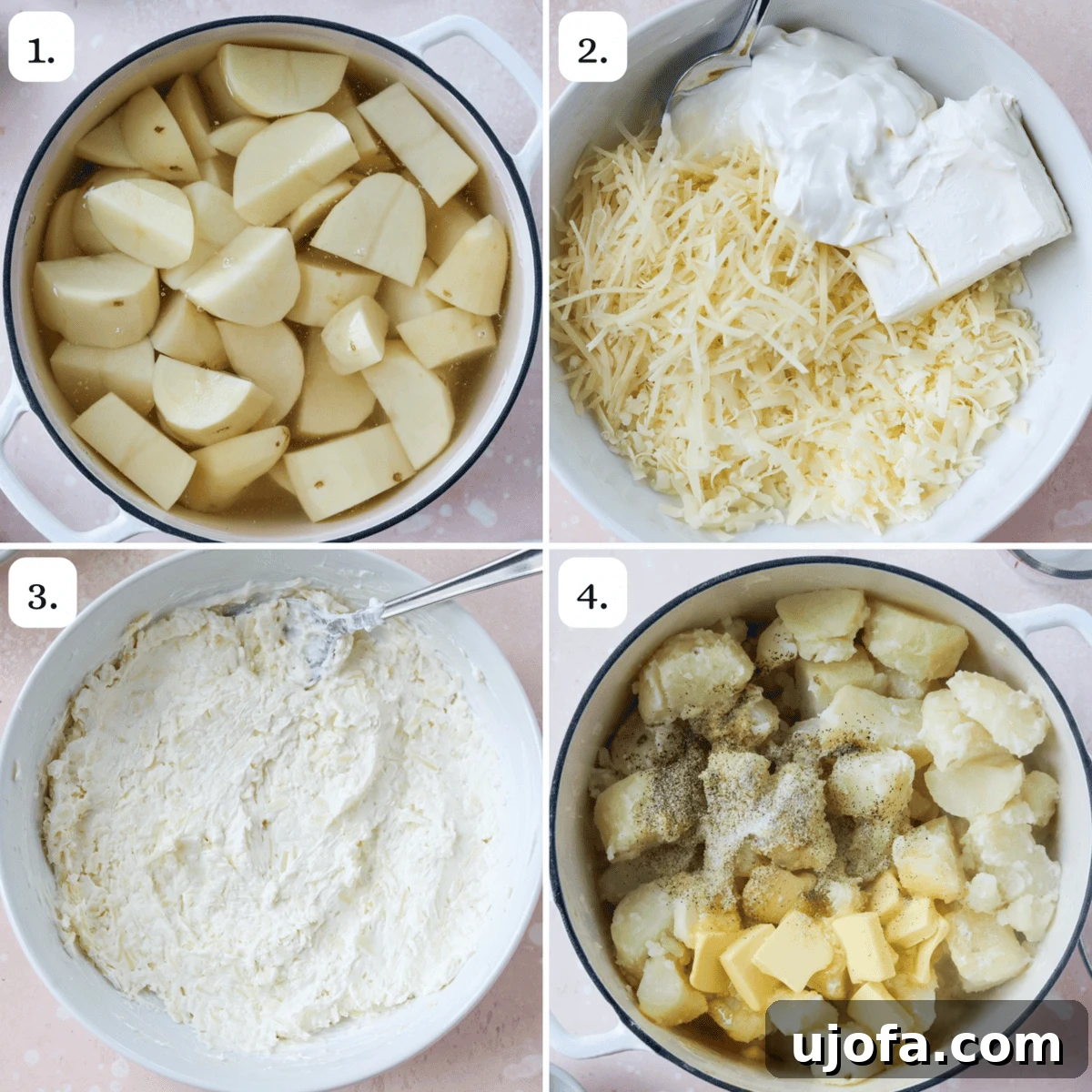 Seriously Cheesy Mash 4 The initial steps for preparing mashed potatoes with cheese, showing peeled and cubed potatoes in a pot ready for boiling, and a bowl with softened cream cheese, sour cream, and grated Parmesan cheese.