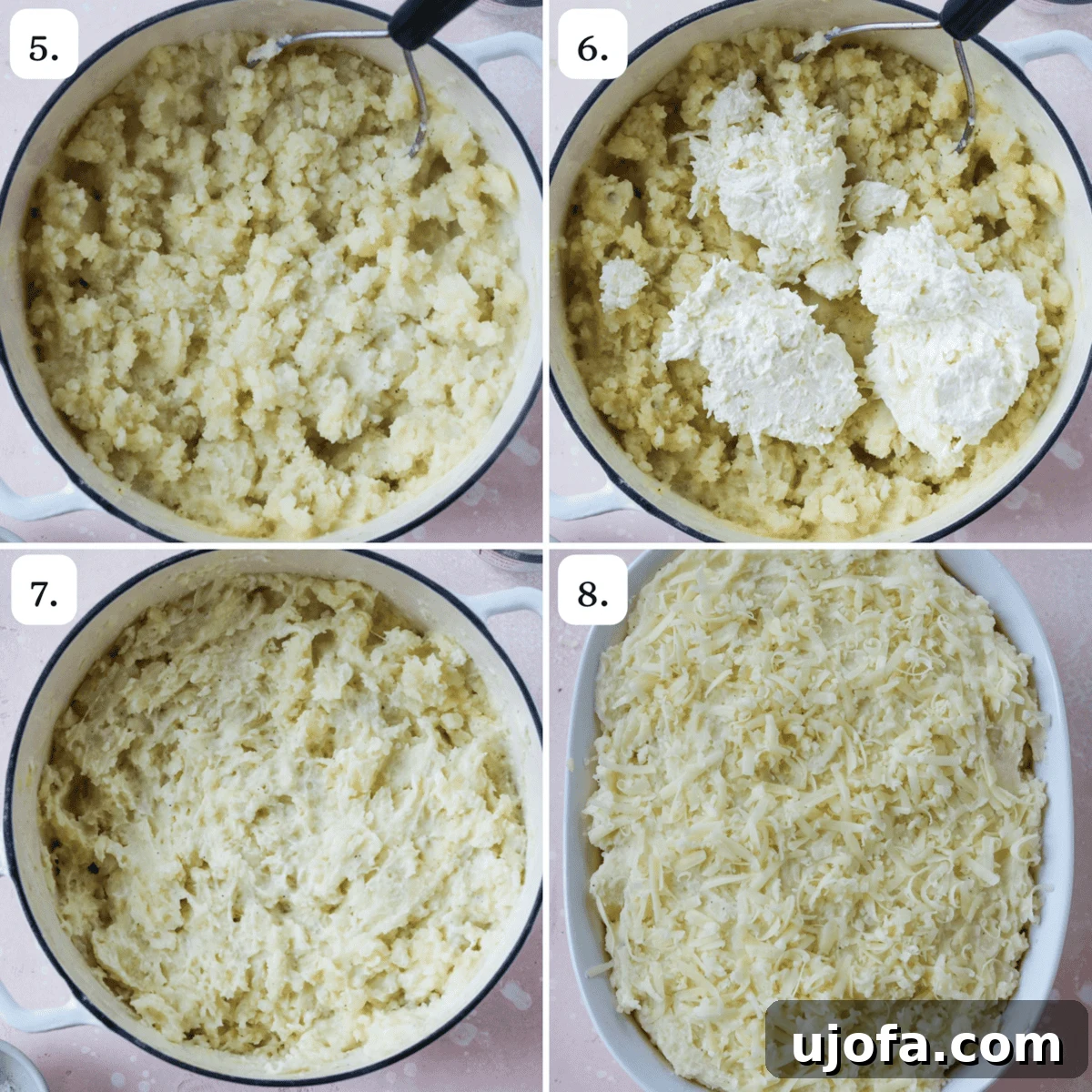 Seriously Cheesy Mash 5 The next steps in making cheesy mashed potatoes, showing the cooked potatoes in a pot with butter and half & half being mashed, and the cheese mixture being folded in with a spatula.