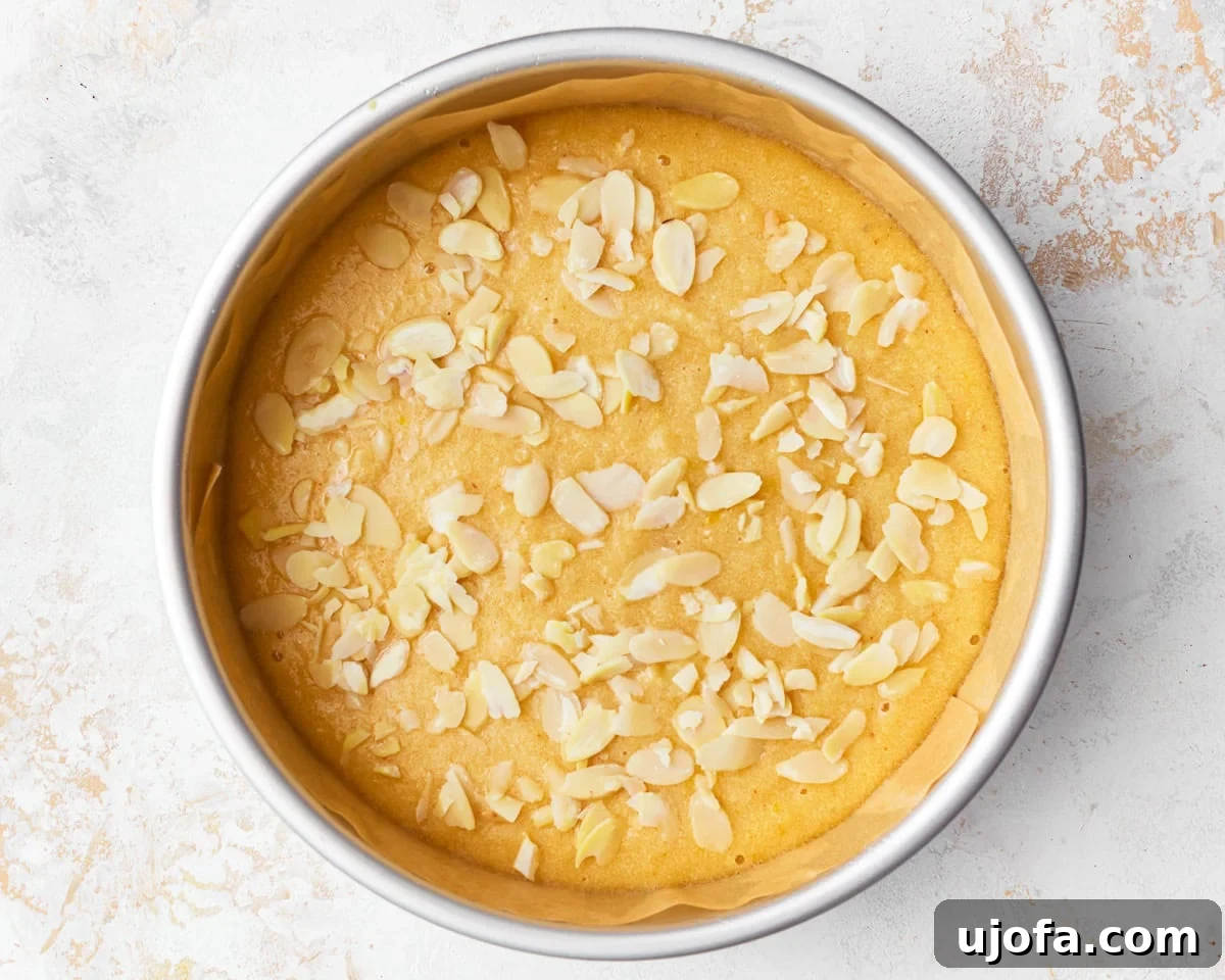 Tender Almond Flour Cake 10 Almond flour cake batter poured into a baking tin and generously topped with sliced almonds.