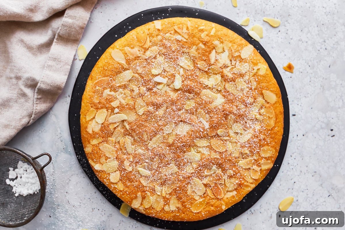 Tender Almond Flour Cake 4 An almond flour cake topped with a dusting of powdered sugar on an elegant serving tray.