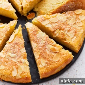 Tender Almond Flour Cake 6 A close up of almond flour cake cut into slices.