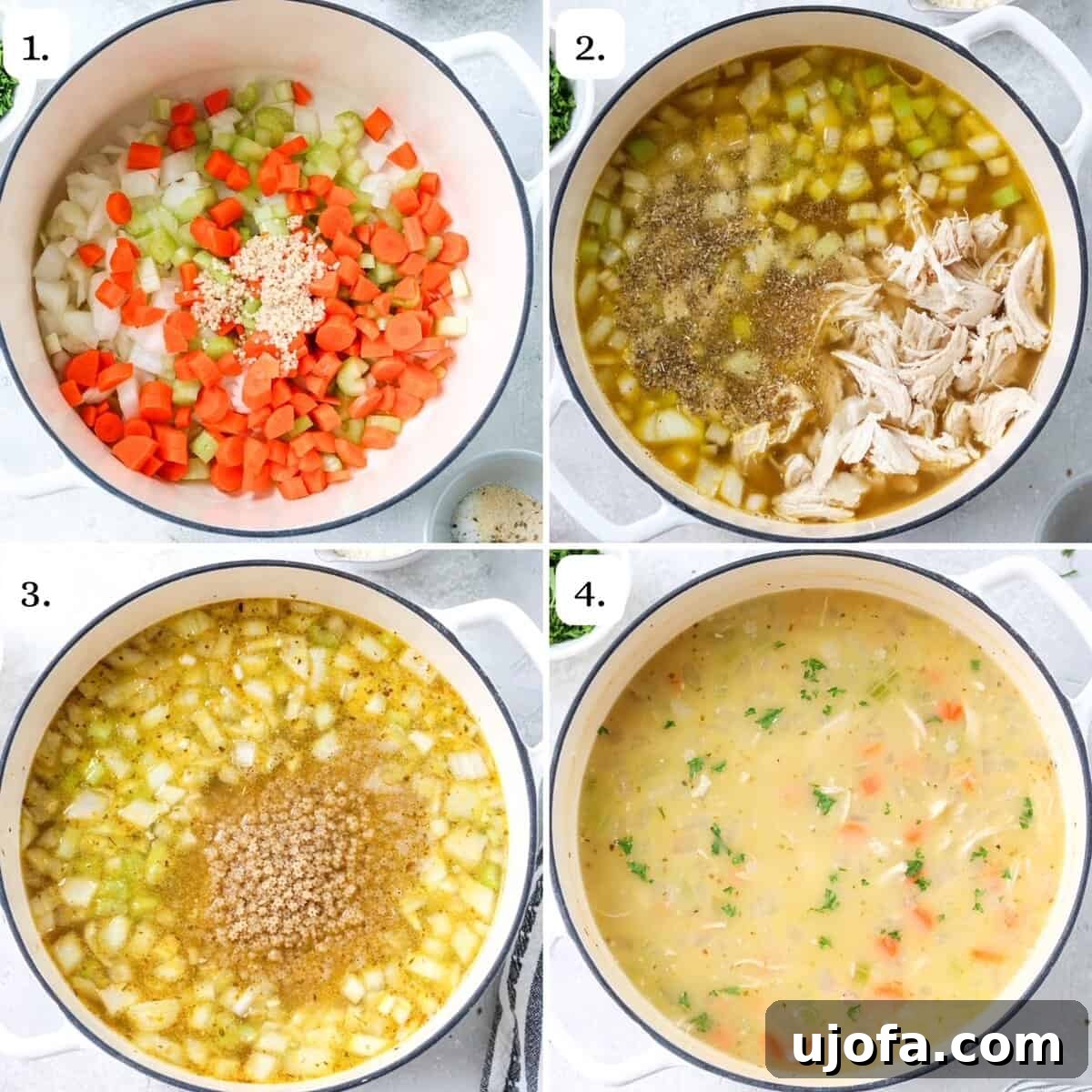 steps for making gluten free chicken noodle soup with pastina in 4 quadrants