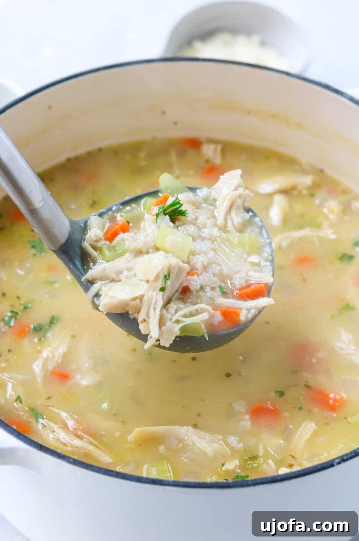 a ladel scooping out some gluten free chicken noodle soup made with pastina