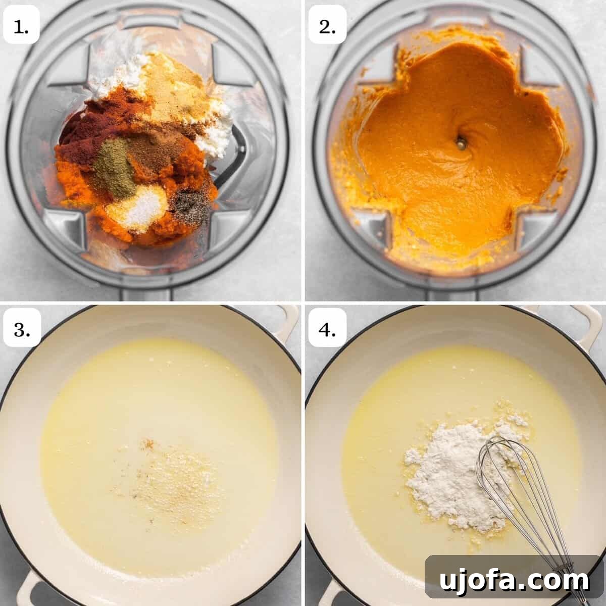 A four-quadrant image illustrating the initial steps of making pumpkin pasta sauce, showing ingredients being blended and butter melting.