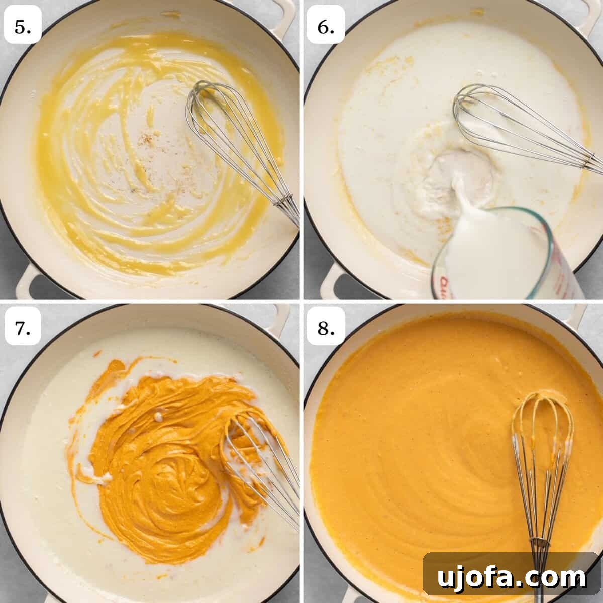 A four-quadrant image illustrating the final steps of making pumpkin pasta sauce, showing the sauce thickening and pasta being tossed.