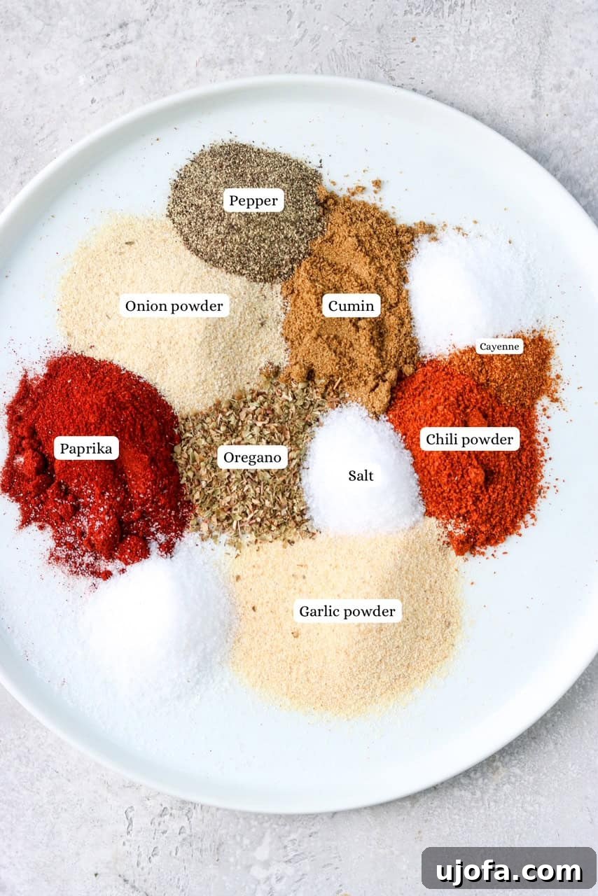 Fiesta Chicken Taco Blend 3 Individual taco seasoning spices displayed on a white plate with labels for identification.