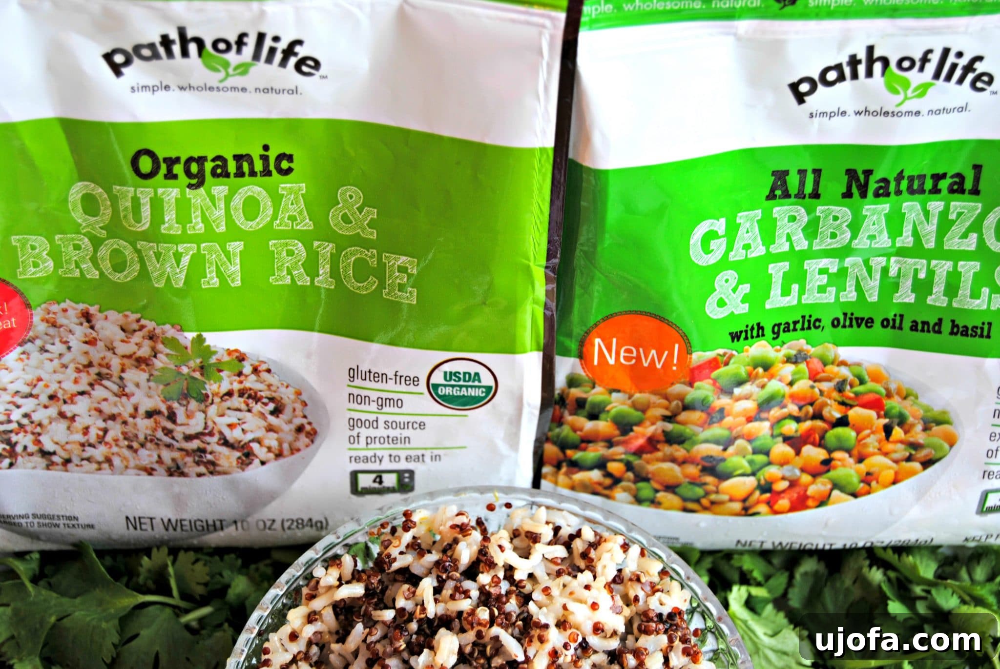 Vibrant Moroccan Chicken Gluten and Dairy Free 3 Assortment of Path of Life Products including frozen garbanzo beans, lentils, quinoa, and brown rice