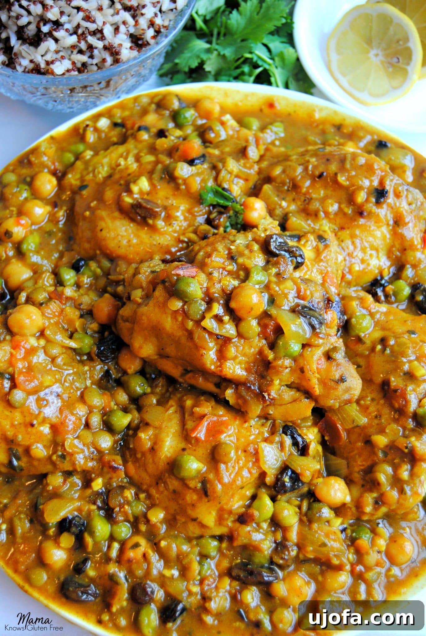 Vibrant Moroccan Chicken Gluten and Dairy Free 4 Close-up of gluten-free Moroccan chicken with sauce, spices, and garbanzo beans