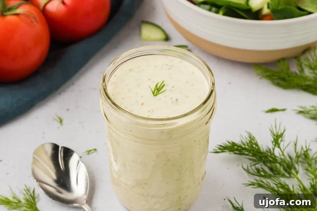Luscious Plant-Based Ranch 8 Close-up of a mason jar filled with dairy-free ranch dressing, garnished with a small sprig of fresh dill on top.