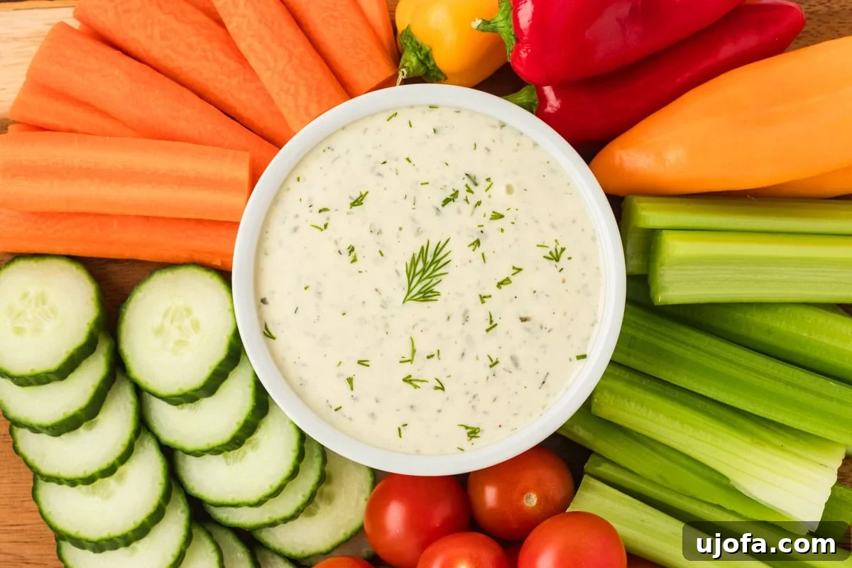 Luscious Plant-Based Ranch 9 Bowl of dairy-free ranch dressing garnished with dill, surrounded by fresh sliced cucumbers, carrots, celery, and colorful mini bell peppers on a wooden board.