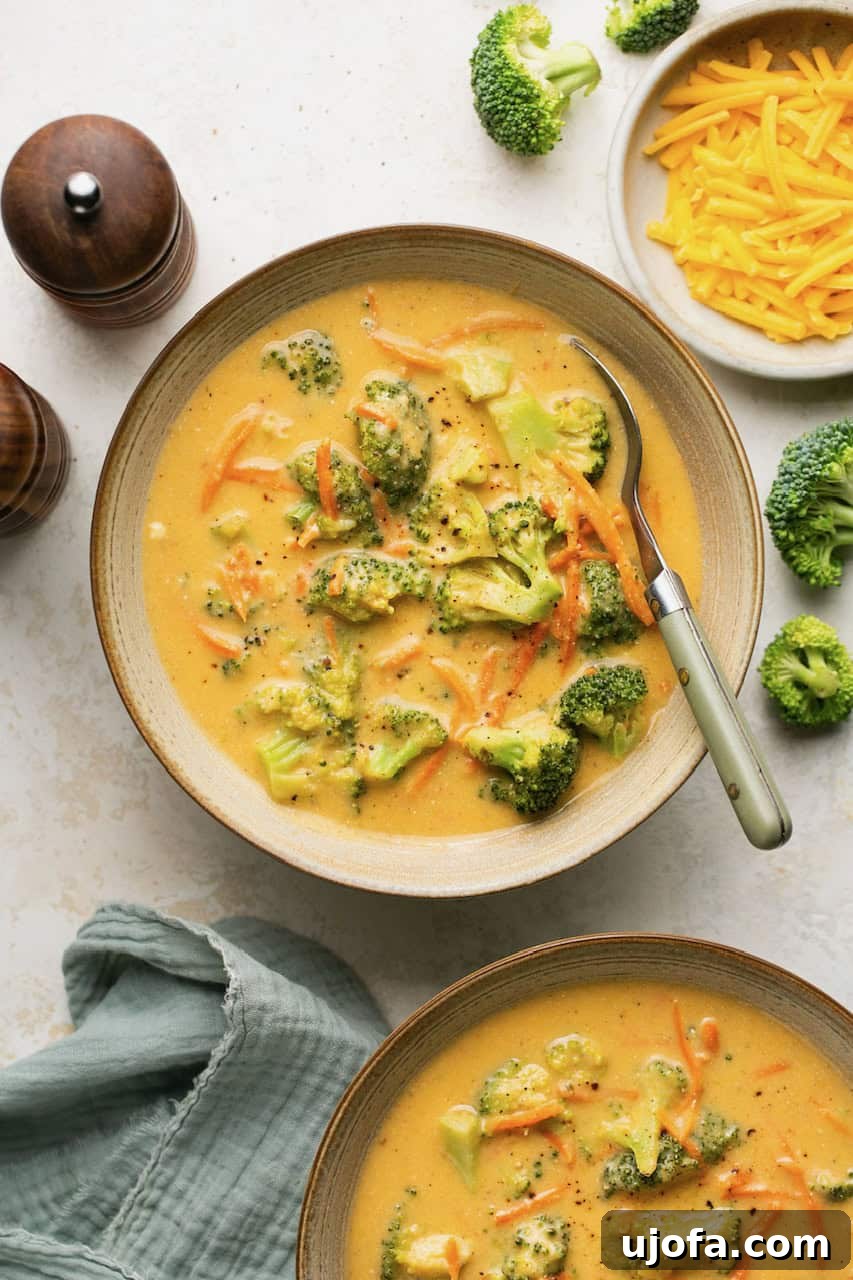 Creamy Instant Pot Broccoli Cheddar Soup 2 Broccoli cheddar soup made in the Instant Pot, served in bowls with a spoon and a side of shredded cheese