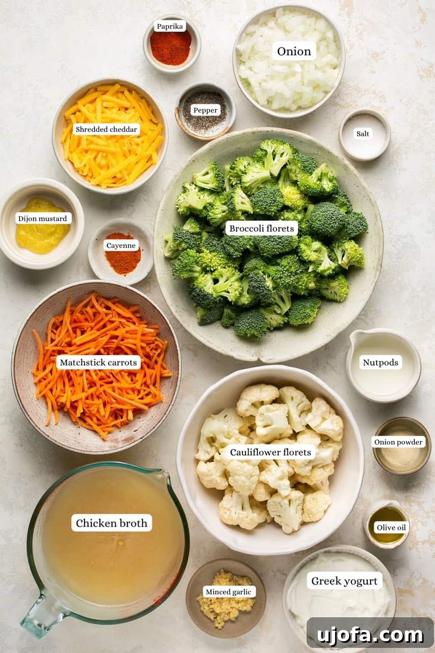 Creamy Instant Pot Broccoli Cheddar Soup 3 Ingredients for Instant Pot Broccoli Cheddar Soup laid out on a cutting board