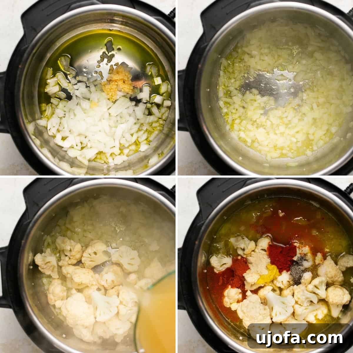 Creamy Instant Pot Broccoli Cheddar Soup 4 First four steps for making broccoli cheddar soup in an Instant Pot, showing sautéing and adding ingredients
