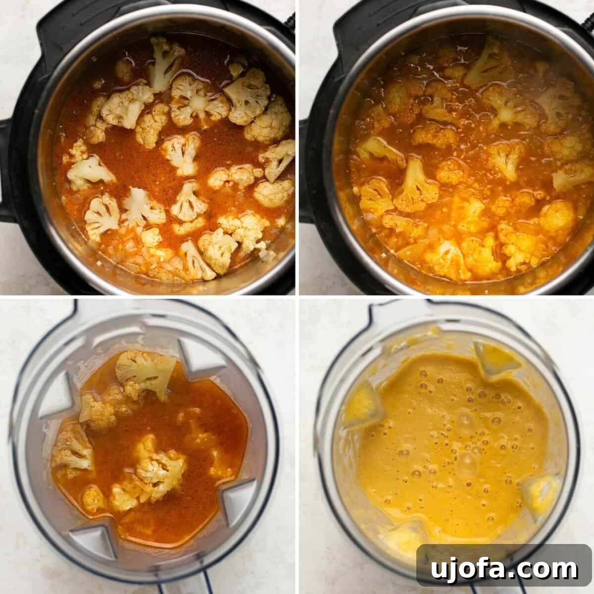 Creamy Instant Pot Broccoli Cheddar Soup 5 Steps 5-8 for making broccoli cheddar soup in the Instant Pot, including blending and simmering broccoli