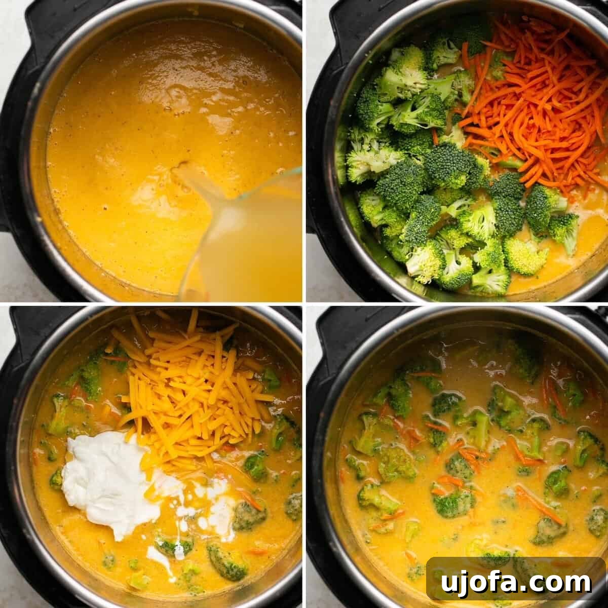 Creamy Instant Pot Broccoli Cheddar Soup 6 The last 4 steps for making Instant Pot Broccoli Cheddar Soup, showing final stir and serving