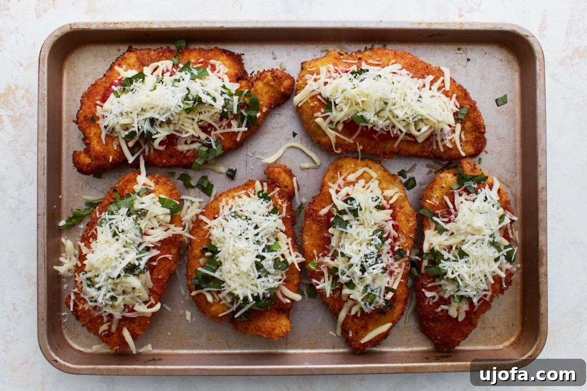 Irresistible Gluten-Free Chicken Parm 13 Breaded chicken cutlets generously topped with marinara sauce, shredded mozzarella, fresh chopped basil, and grated Parmesan cheese, nestled in a baking dish.