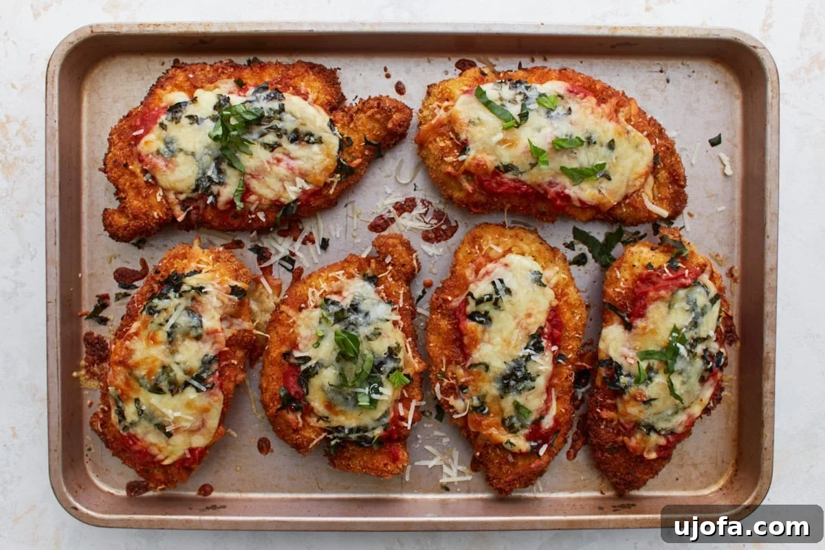 Irresistible Gluten-Free Chicken Parm 14 Freshly baked gluten-free chicken parmesan with melted, bubbly cheese and rich tomato sauce, garnished with fresh basil, straight out of the oven on a sheet pan.