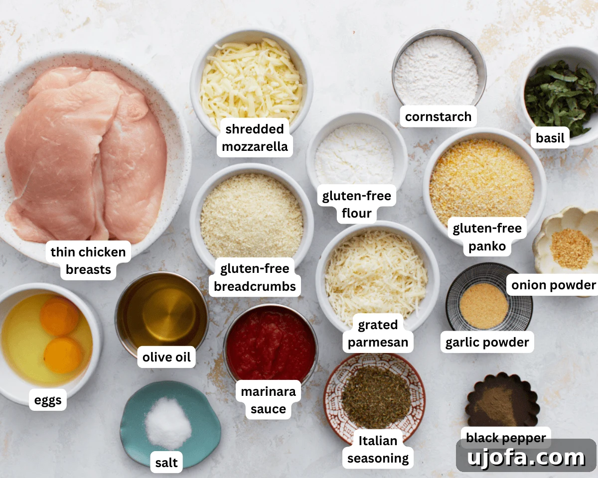 Irresistible Gluten-Free Chicken Parm 4 Gluten-free chicken parmesan ingredients laid out on a kitchen counter, including chicken breasts, breadcrumbs, eggs, cheese, and marinara.
